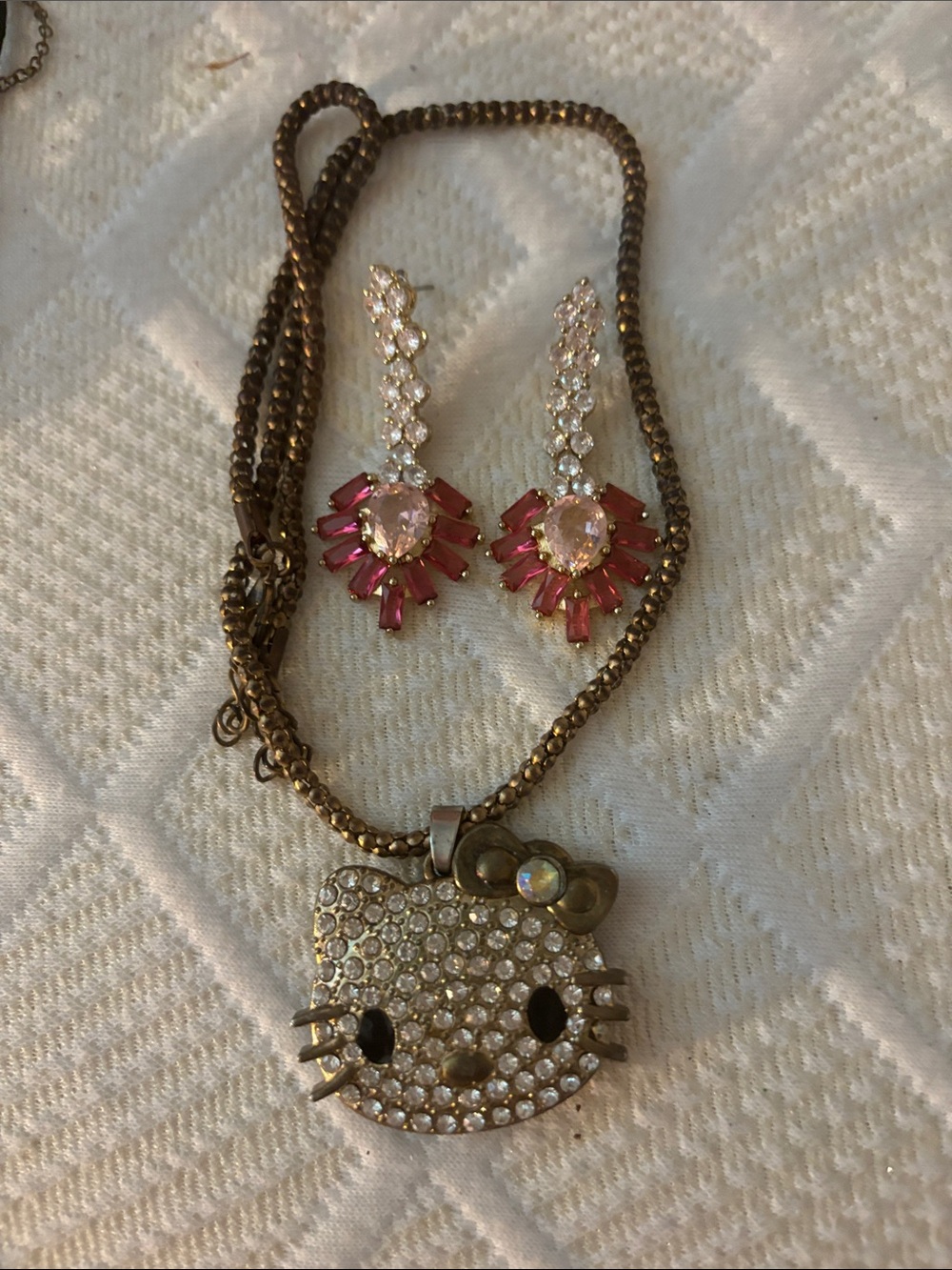 Hello Kitty Gold-Tone Crystal Pendant Necklace with Pink Accent Earrings